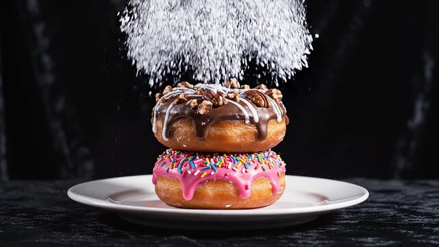 Delicious doughnuts stacked high on a white plate, with sugar being sprinkled on top, against a dark background