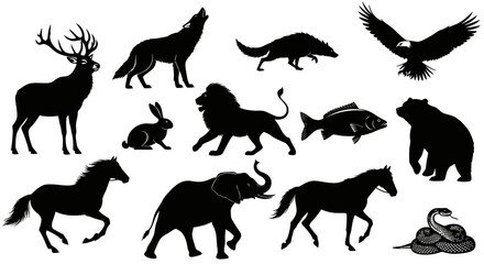 Fototapeta premium Wild Animals Silhouettes Isolated on White Background