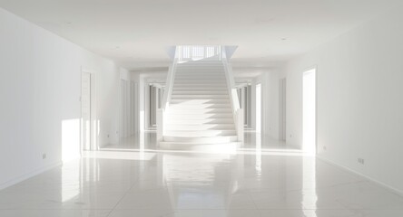Fototapeta premium A luminous staircase stands in a bright hallway of a modern home with white floors