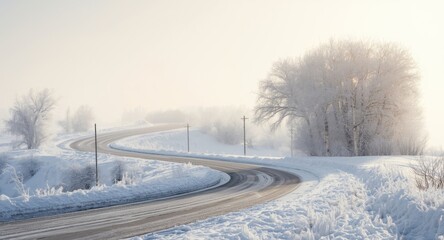 Obraz premium still wintertime panorama including snowy trees and a serpentine road