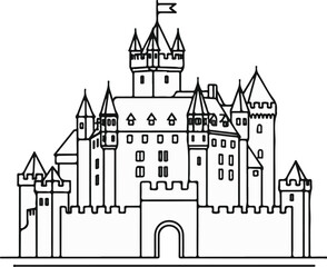 Obraz premium Detailed line drawing of a magnificent, multi-turreted medieval castle with a flag