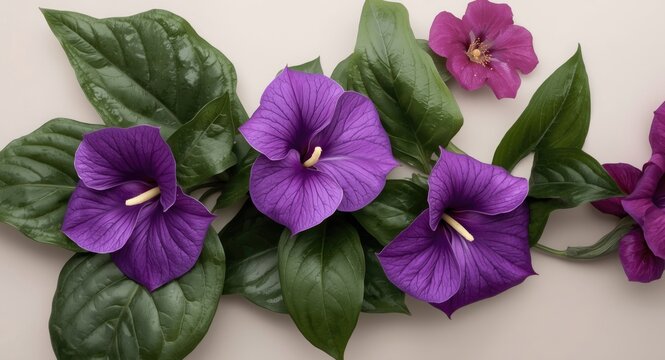 Elegant purple bignonia blooms with lush green leaves on a soft neutral backdrop highlighting floral charm