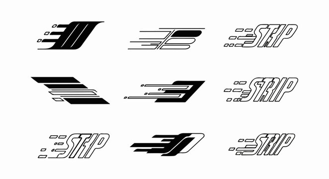 Collection of stylized logos with speed lines and abstract shapes