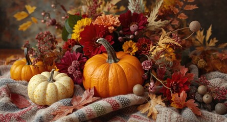 Artistic autumn still life with pumpkins assorted leaves and colorful flowers displayed on a cozy scarf