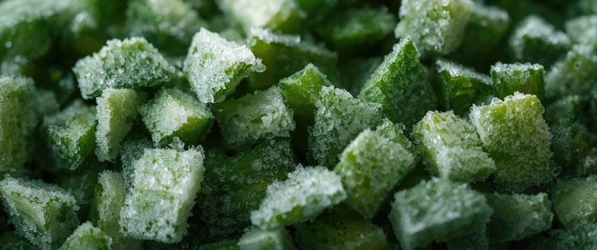 Detailed close up of frozen chopped green chard with icy frost