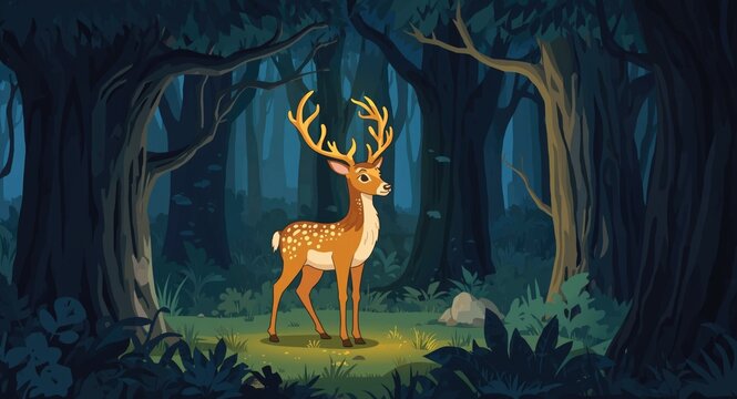 Cartoon illustration of a totemic deer glowing softly among ancient trees at night