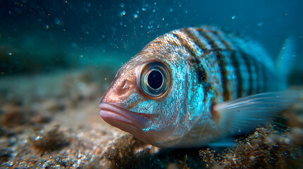 Closeup of a striped fish underwater