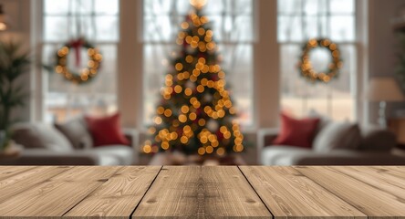 Obraz premium Cozy festive room featuring blurred Christmas tree and decorated windows over wooden tabletop perfect for product display