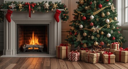 Obraz premium Christmas interior with a cozy fire, decorated tree, and gift boxes with festive wrapping