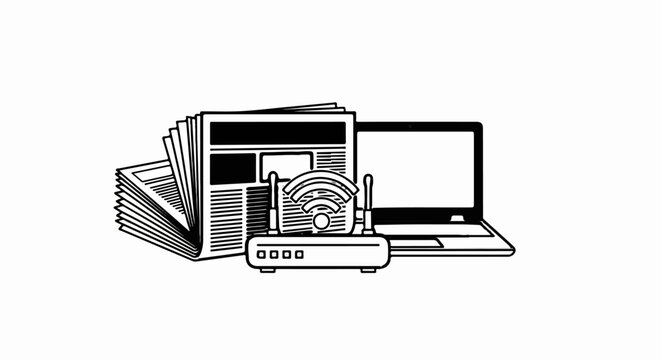 Stack of newspapers, wifi router, and laptop computer