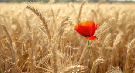 Naklejka premium Bright scarlet poppy emerging from golden wheat stalks beneath summer daylight copy space