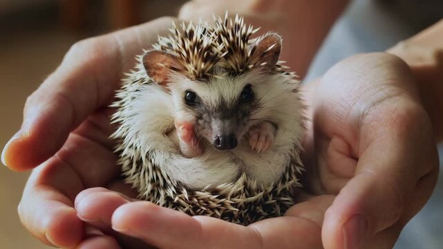 Cute Hedgehog Uncurling in Human Hands