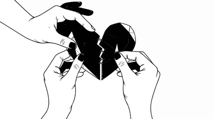 Two hands carefully mend a broken, black, geometric heart shape