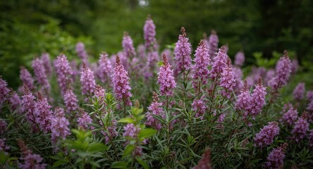 Obraz premium Bright lilac pink heather flowers in a tranquil forest with soft green foliage background