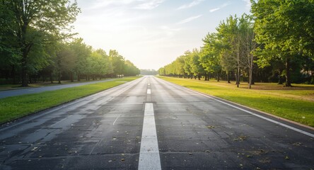 Naklejka premium Comprehensive view of a smooth runway surface near thriving park vegetation in the late day