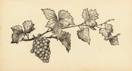 Naklejka premium Authentic vintage black and white hand sketched grape branch artwork