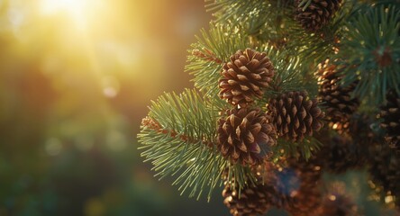 Fototapeta premium Natural summer glow on pine cones and needles with copy space area