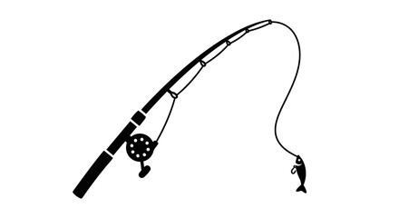 Fototapeta premium Solid Black Fishing Rod with Line and Lure Silhouette Minimal Angling Vector Illustration