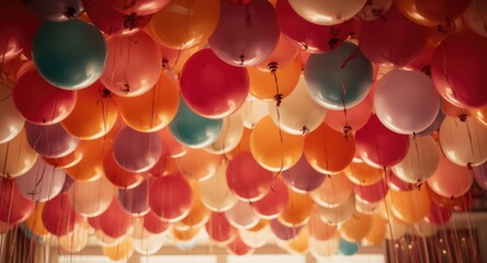 Obraz premium Colorful festive balloons in warm shades encircling the ceiling to create an inviting party space