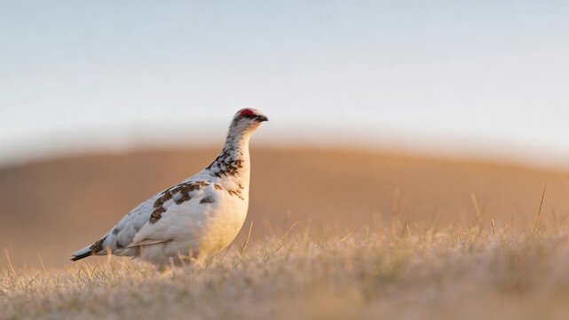 White ptarmigan standing alert on golden grass in vast hilly landscape. Bird in autumn wildlife habitat showcasing natural behavior and serene outdoor setting for nature observation.
