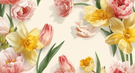 Naklejka premium Floral watercolor pattern with tulips and daffodils for seasonal celebrations