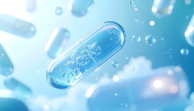 Transparent capsules containing bubbles float amidst a soft, blue, ethereal background with blurry, pill-shaped objects