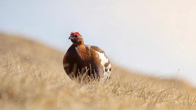 Willow ptarmigan standing, displaying and walking in snowy tundra. Winter bird foraging and behavior in natural habitat.