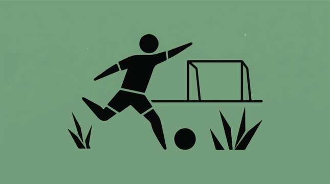 Minimalist soccer player silhouette kicking ball towards goal