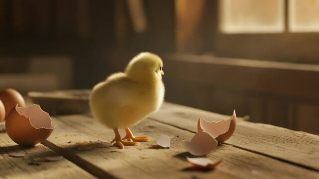 A cute small Easter chick with cracked eggshells on a wooden surface