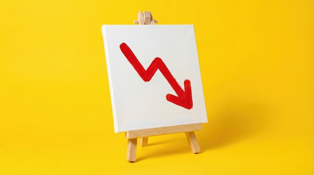Red downward arrow painted on a white canvas on a wooden easel representing economic recession and financial crisis.