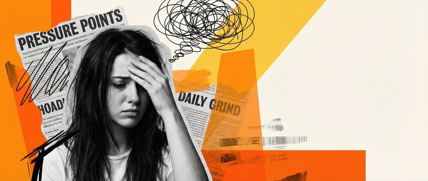 Stressed young woman feeling overwhelmed by the daily grind and mental pressure in a creative collage style.