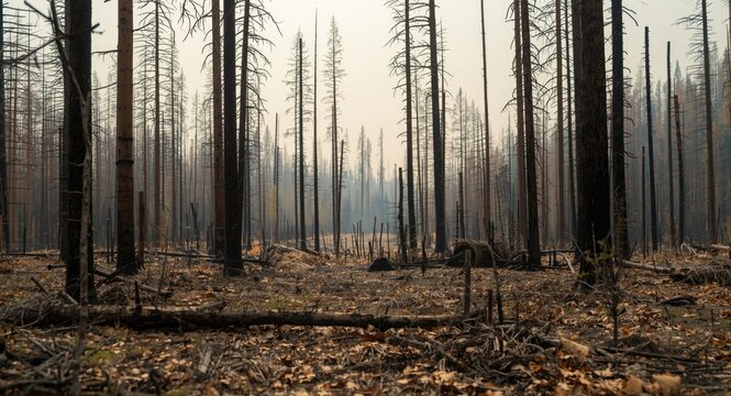 Burnt forest environment featuring dead trees from recent wildfire