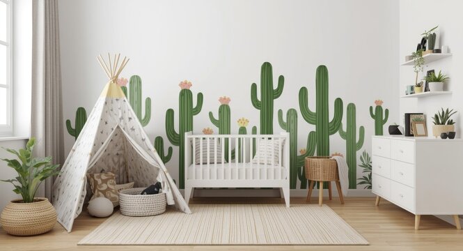 comfortably styled childs room including a teepee tent and cactus mural wallpaper