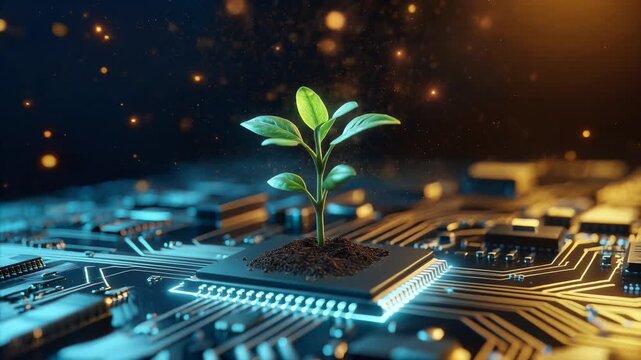 Growing seedling on microchip with glowing circuit board, slow motion, symbolizing technological innovation and sustainable development