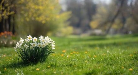 Naklejka premium Clusters of white daffodils blooming vibrantly in scenic park meadow