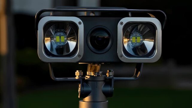 City security system camera with embedded lighting, showing surveillance technology for urban monitoring and safety communication.