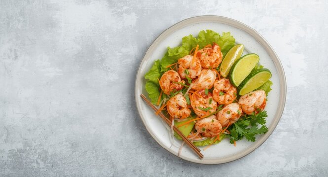 Asian shrimp Bo Bun with crispy spring roll, fresh salad, and carrot garnish on the side