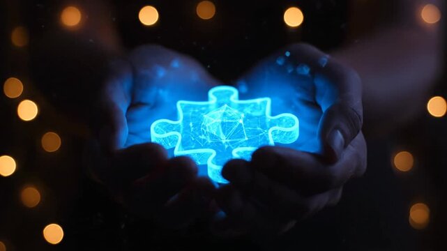 Hands hold glowing puzzle piece.