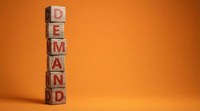 Wooden blocks stacked vertically spelling the word demand on a bright orange background.