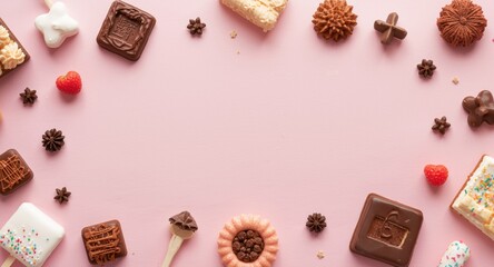 Fototapeta premium Celebratory sweets flat lay arrangement with kruidnoten and pepernoten and copy space