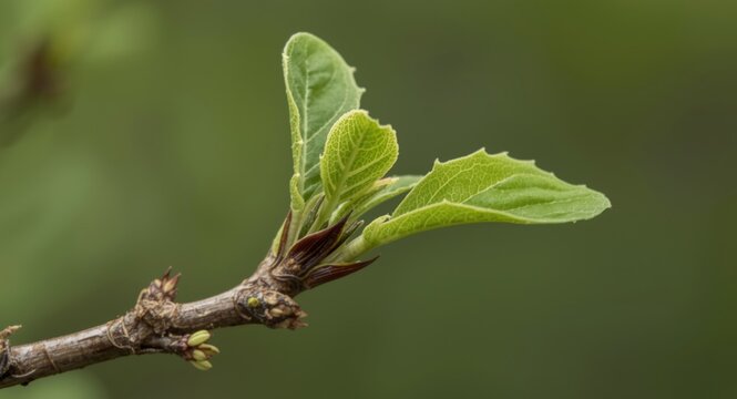 Close up of delicate new foliage unfolding from a woody tree stem in early growth stage