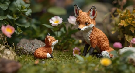 Fototapeta premium Delightful set of tiny fox mother and baby figures enjoying a magical garden scene