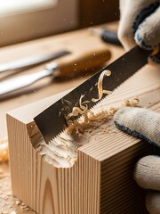 Naklejka premium Hands carefully sawing a wood block to create intricate details craft