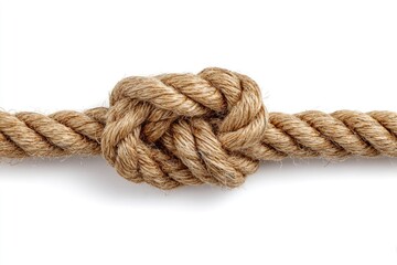 A thick tan-colored rope is tied with a prominent knot in its center stretching horizontally across a clean white background The textured fiber strands are visible