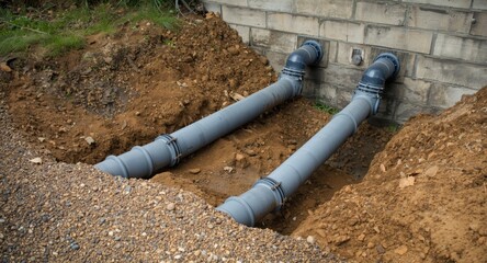 Eco conscious house project featuring large plastic pipes for septic and sewage with text area