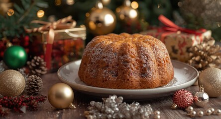 Fototapeta premium Christmas panettone with seasonal gifts and shiny ornaments in a cozy bokeh light setting