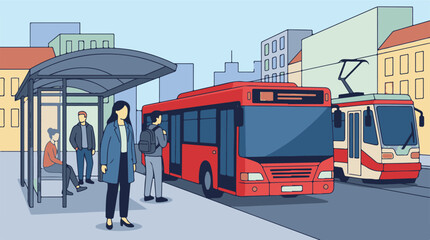 Fototapeta premium Urban public transport scene with people at bus stop, bus, and tram