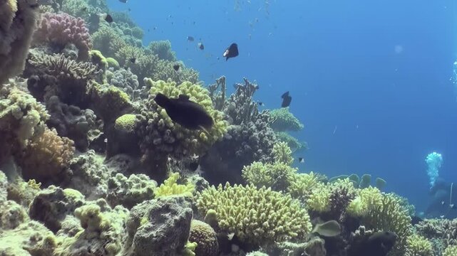 Witness an enchanting daytime journey into the ocean's heart. Brilliant corals host countless colorful fish, creating a lively ecosystem. A silent diver quietly marvels at this profound beauty.