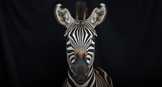 Close up of a zebras head against a dark smooth background