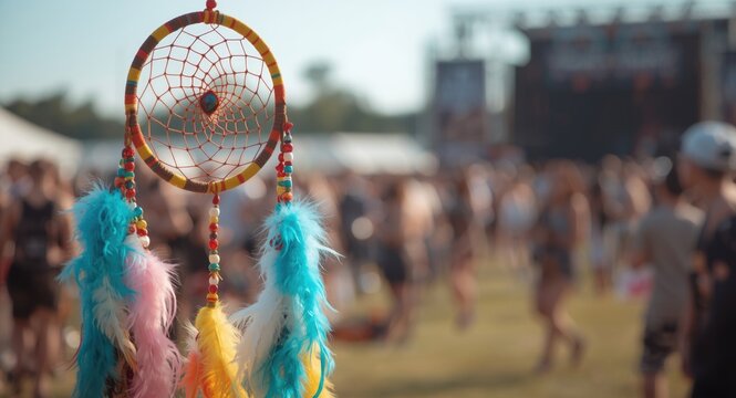 Colorful dreamcatcher with beads and feathers at lively music festival outdoors